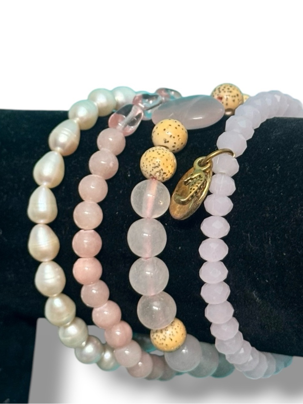 Boho Pink Rose Quartz Style Beaded Bracelet Set of 4 Stretch Stackable Bracelets